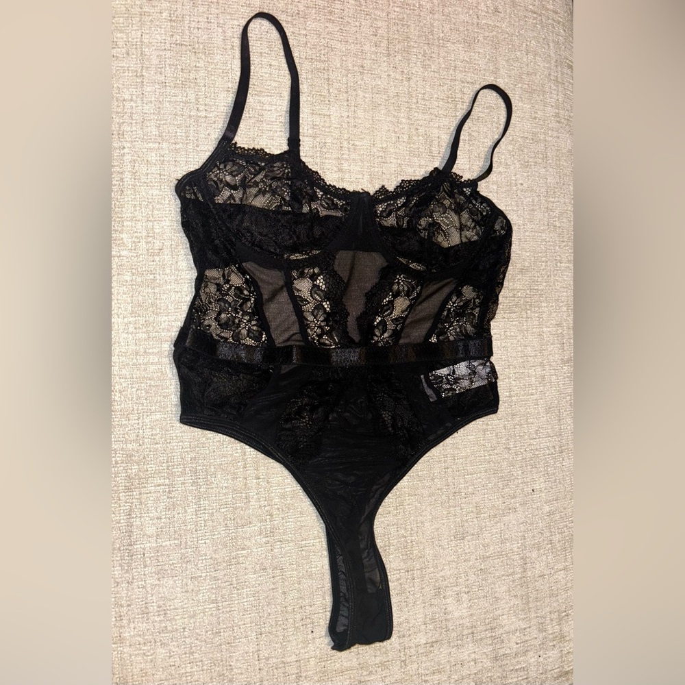 Sexy Black Lace Teddy Bodysuit Mesh Medium Sheer Lingerie One Piece Thong Snap